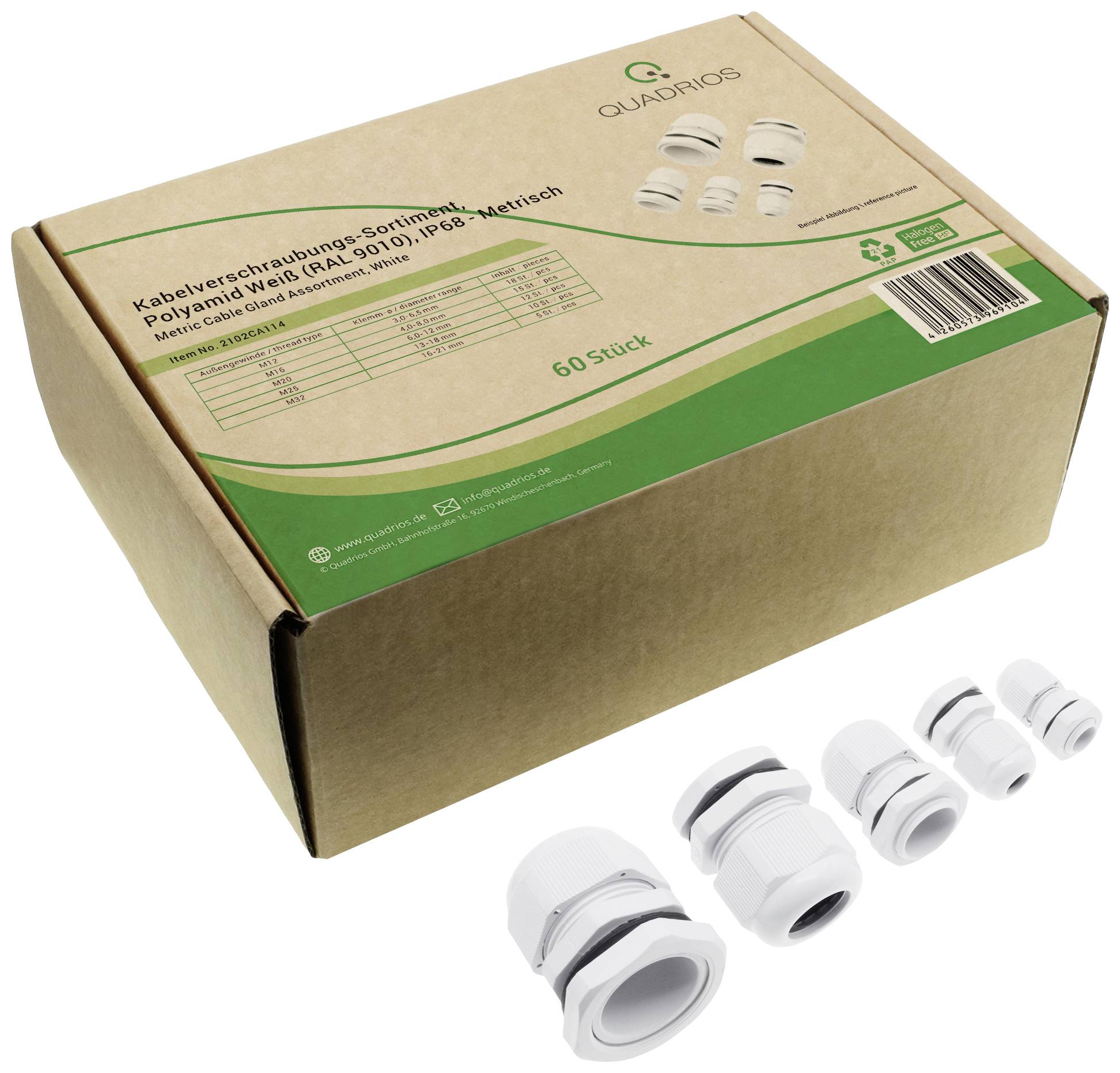 Quadrios 2102CA114 Kabelverschraubung Sortiment PA66 Weiß 60St.