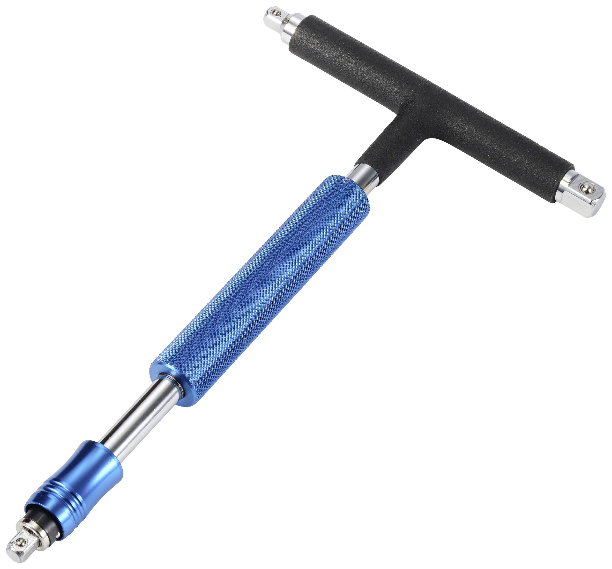 Ein blau-schwarzer T-Griff-Schlüssel, möglicherweise für Skateboards oder Roller.