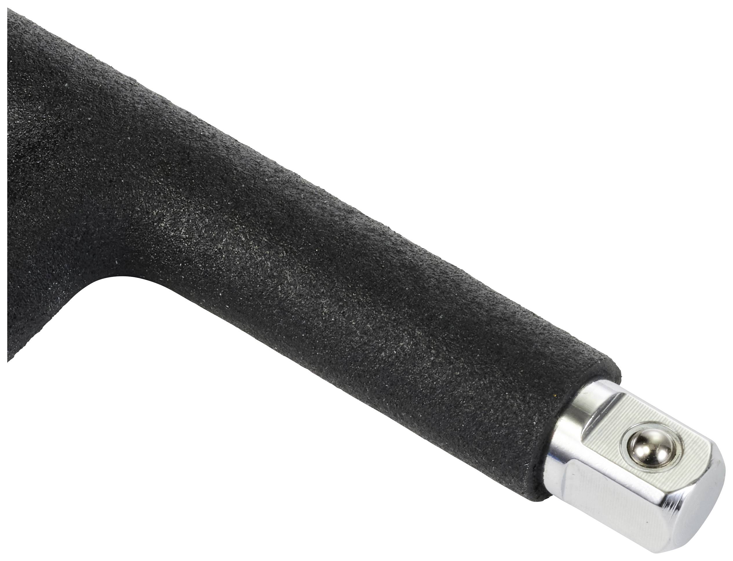 Nahaufnahme eines schwarzen Griffs mit metallischer Kappe und Schraube an der Spitze.