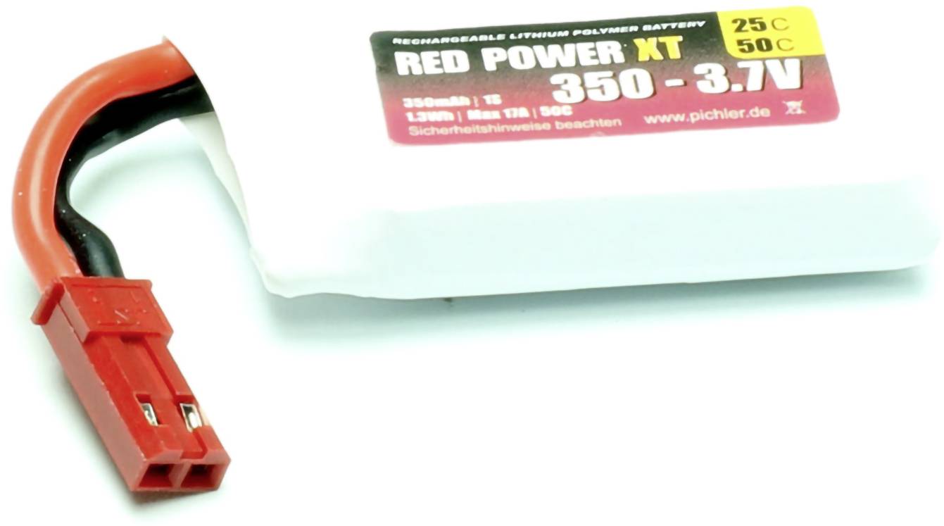 Ein weißer Lithium-Polymer-Akku mit rotem Anschluss. Aufschrift: 'Red Power XT 350 - 3.7V 25C 50C'.