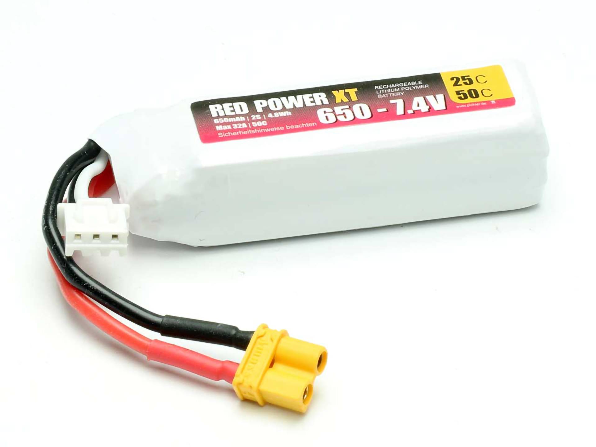 Ein weißer, wiederaufladbarer Akkupack mit Kabel und Steckern, beschriftet mit 'RED POWER XT 650 - 7.4V', geeignet für Elektronikgeräte.