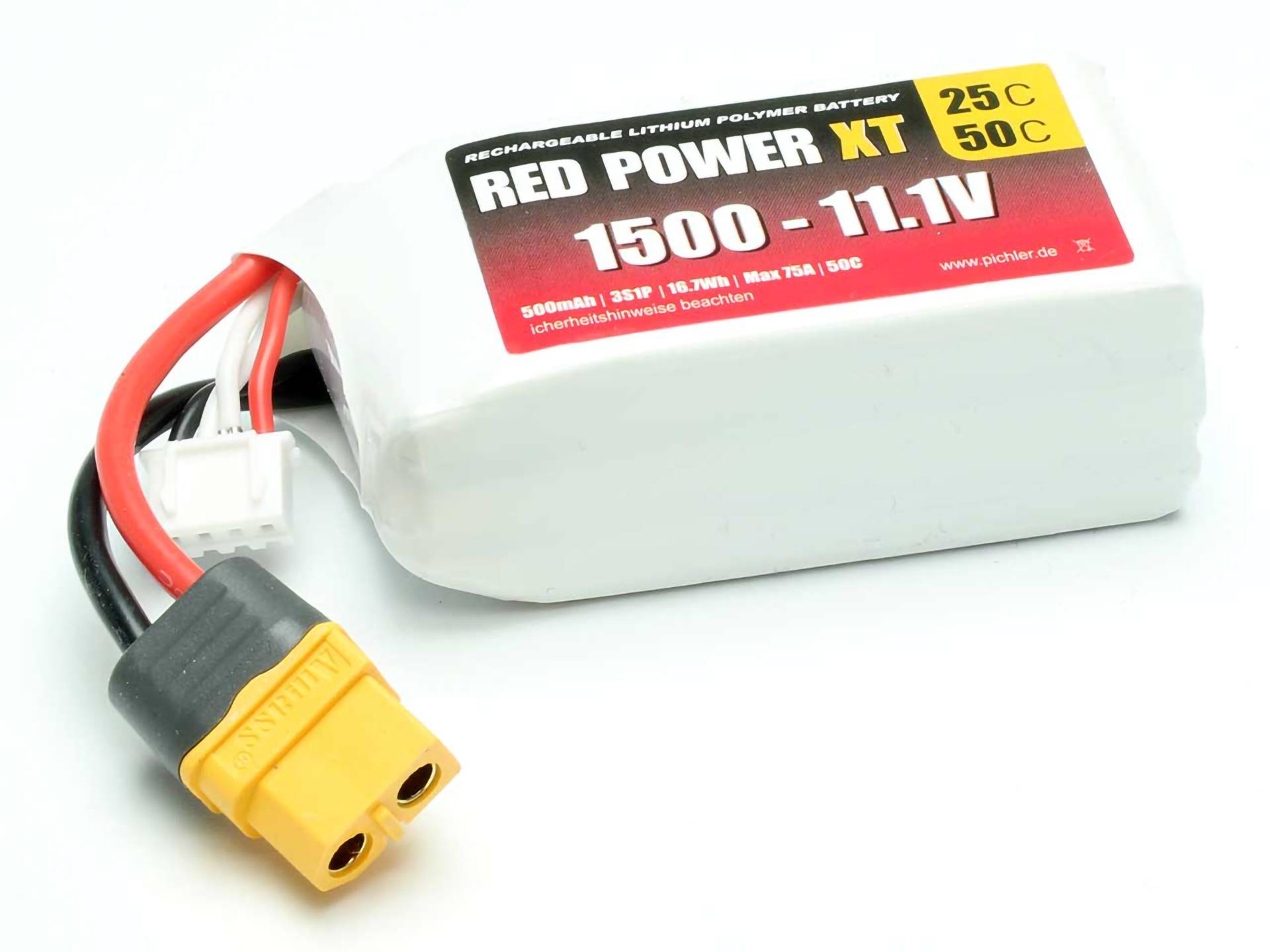 Lithium-Polymer-Akku, 1500mAh, 11,1V. Bezeichnet als RED POWER XT, 25C, 50C. Ausgestattet mit gelbem Steckverbinder und roten/schwarzen Kabeln.