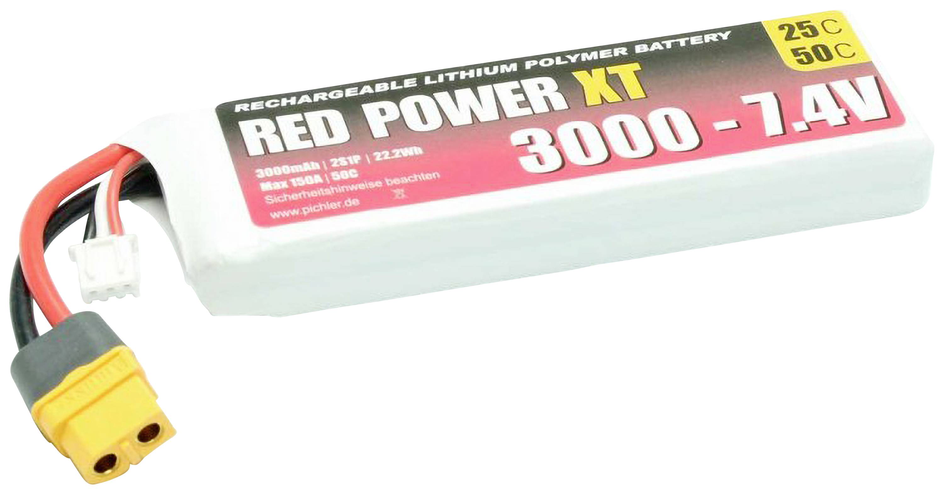 Lithium-Polymer-Akku mit der Aufschrift 'Red Power XT 3000-7.4V', Kapazität 3000mAh, entworfen für ferngesteuerte Geräte.