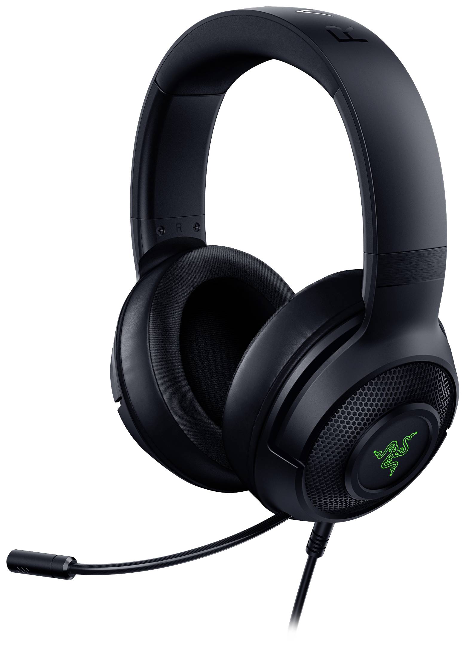 Ein schwarzes Gaming-Headset mit Mikrofon, großer Polsterung und dem Logo eines Tierkopfs auf der Seite. Ideal für Spieler.