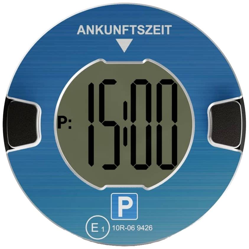Elektronische Parkscheibe mit Ankunftszeit '15:00'. Rundes, blaues Design mit großem digitalen Display in der Mitte.