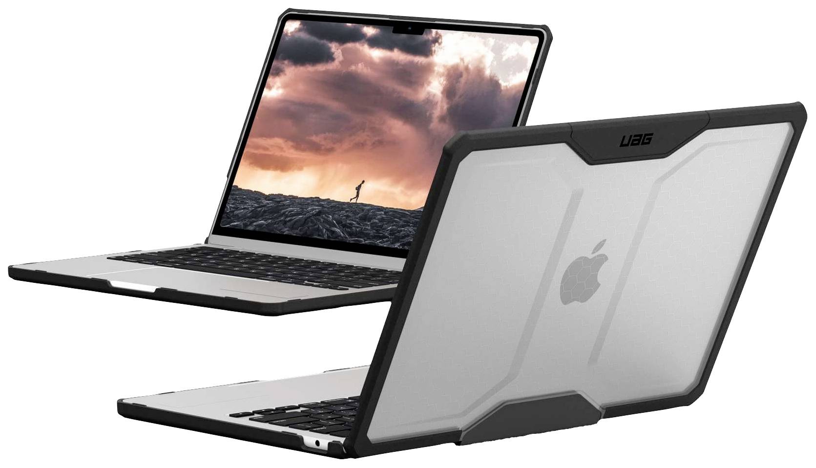 Laptop mit Schutzgehäuse, leicht geöffnet. Der Bildschirm zeigt einen Sonnenuntergang mit einer kleinen, laufenden Silhouette.