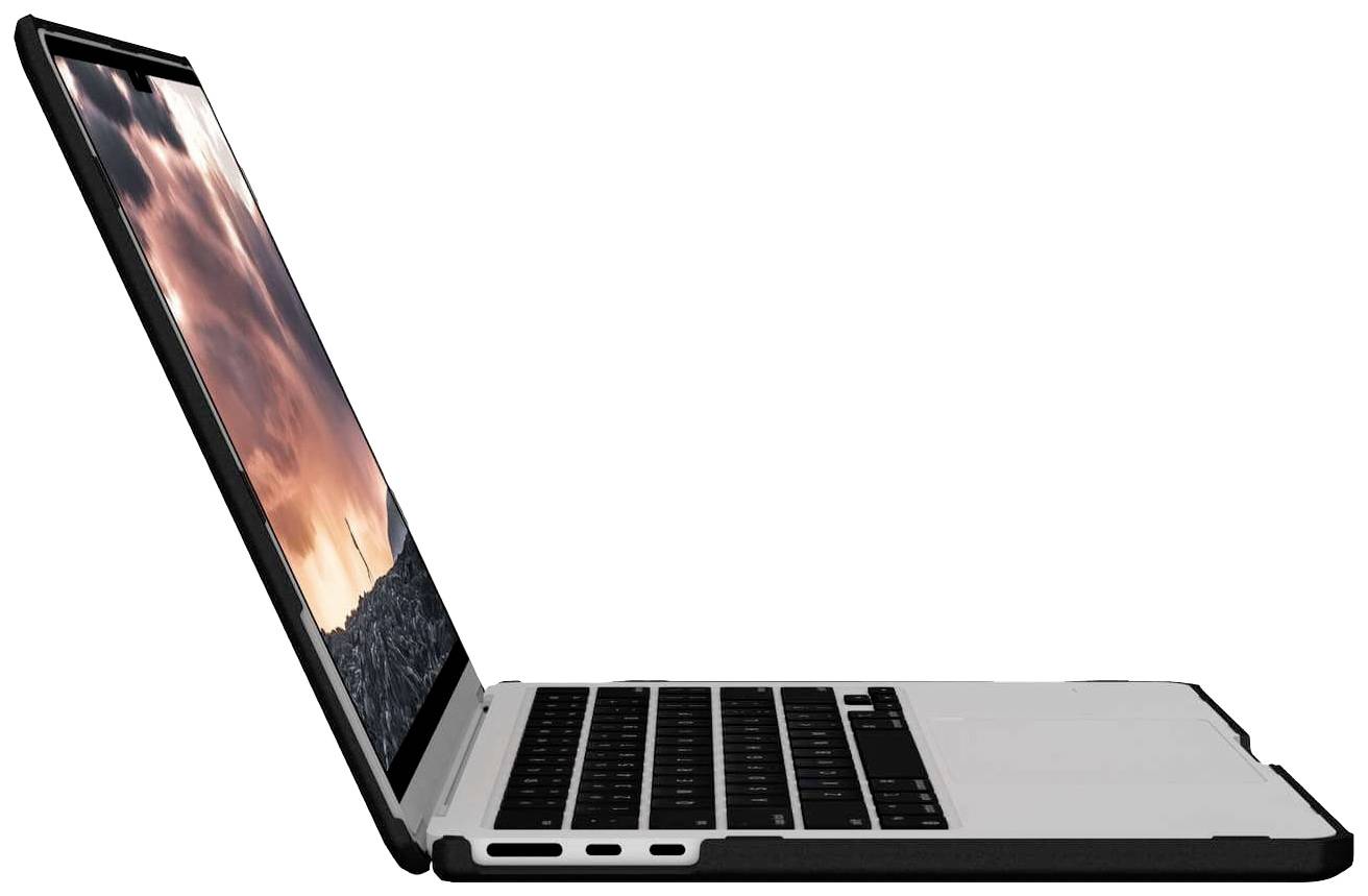 Ein geöffneter Laptop von der Seite, auf dem Bildschirm ist ein Sonnenuntergang zu sehen. Perfekt für unterwegs Arbeiten.