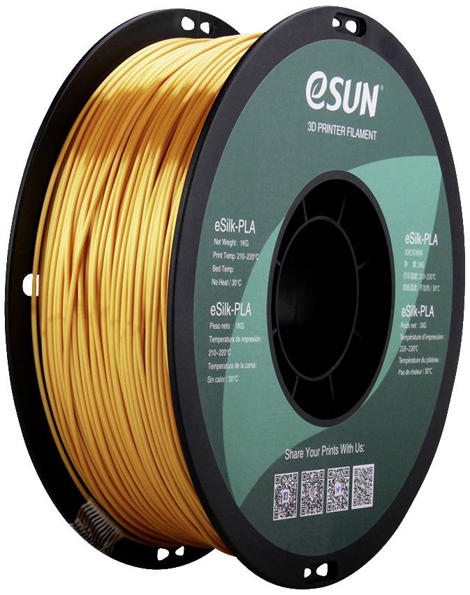 Eine Rolle mit goldenem eSilk-PLA-3D-Druckerfilament von eSUN. Die Etikette zeigt Informationen wie Nettogewicht und empfohlene Drucktemperatur.