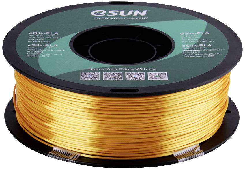 Eine Rolle gelbes 3D-Druckerfilament der Marke eSUN, Modell eSilk-PLA, auf einer schwarzen Spule.