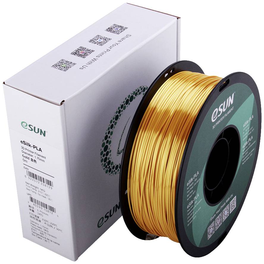 Eine Spule mit goldenem 3D-Drucker-Filament der Marke eSUN steht vor einer weißen Produktverpackung.