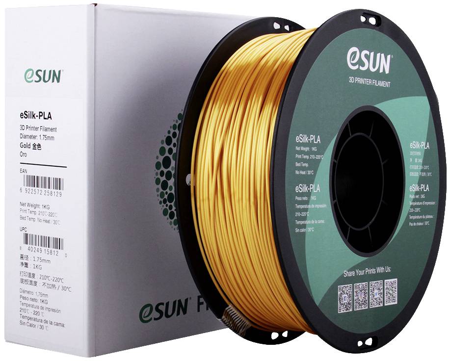 3D-Drucker-Filament von eSUN in Goldfarbe, auf einer Rolle präsentiert. Verpackung im Hintergrund zeigt technische Spezifikationen.