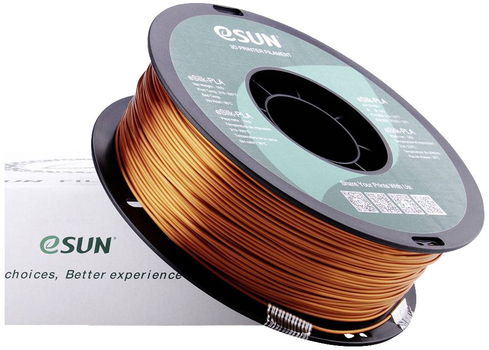 Spule mit orangefarbenem 3D-Drucker-Filament von eSUN auf einem weißen Karton.