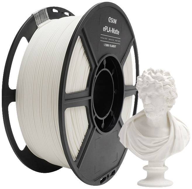 Eine Rolle weißes PLA-3D-Druckfilament neben einer 3D-gedruckten weißen Büste.