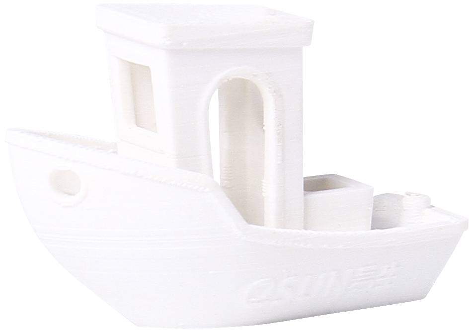 Ein kleines, weißes 3D-gedrucktes Boot mit einfachem Design und offenem Kabinenbereich.