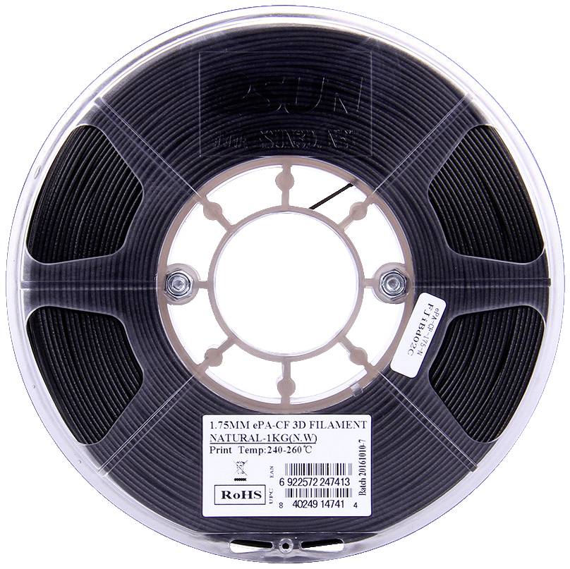 Eine schwarze Spule mit 3D-Drucker-Filament, Aufschrift '1.75MM ePA-CF 3D FILAMENT, NATURAL,' Gewicht 1kg, Drucktemperatur 240-260°C.