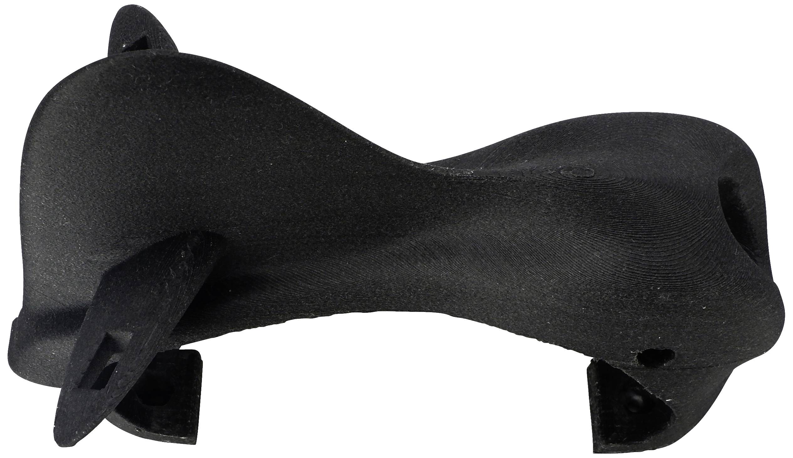 Eine schwarze, geschwungene Kunststoffform mit zwei gegenüberliegenden Öffnungen. Sie sieht stabil und industriell aus.