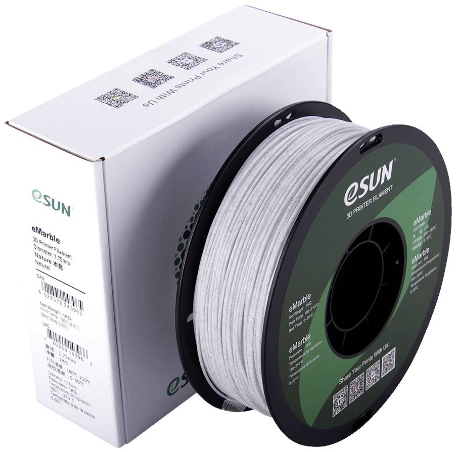 Eine Rolle weißes 3D-Drucker-Filament der Marke eSUN, neben der zugehörigen Verpackung.