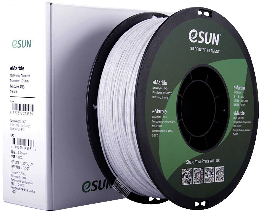 Rolle aus Filament für 3D-Drucker von eSun, Modell 'eMarble', Farbe Weiß, auf Spule mit Produktschachtel im Hintergrund.