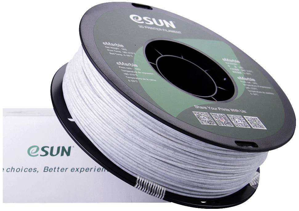 Eine Spule mit silbernem 3D-Drucker-Filament der Marke eSUN, auf einem weißen Hintergrund.