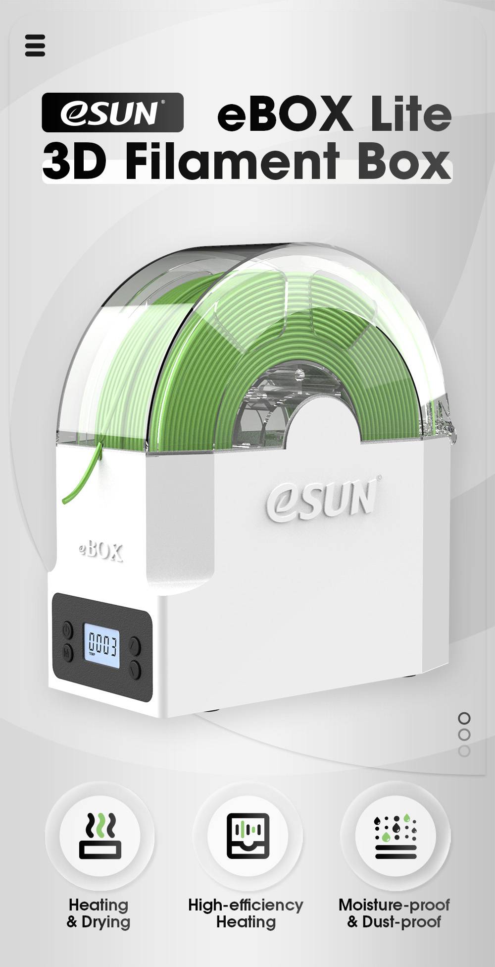 'eSUN eBOX Lite' 3D-Filament-Box in Weiß mit grünem Filament. Funktionen: Heizen und Trocknen, hohe Effizienz, feuchtigkeits- und staubdicht.