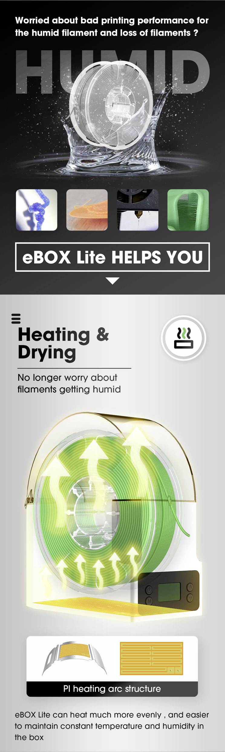 Abbildung von eBOX Lite zur Verhinderung von feuchten Filamenten. Beheizung und Trocknung mit PI-Heizung und Aluminiumstruktur. Erhält konstante Temperatur und Luftfeuchtigkeit.