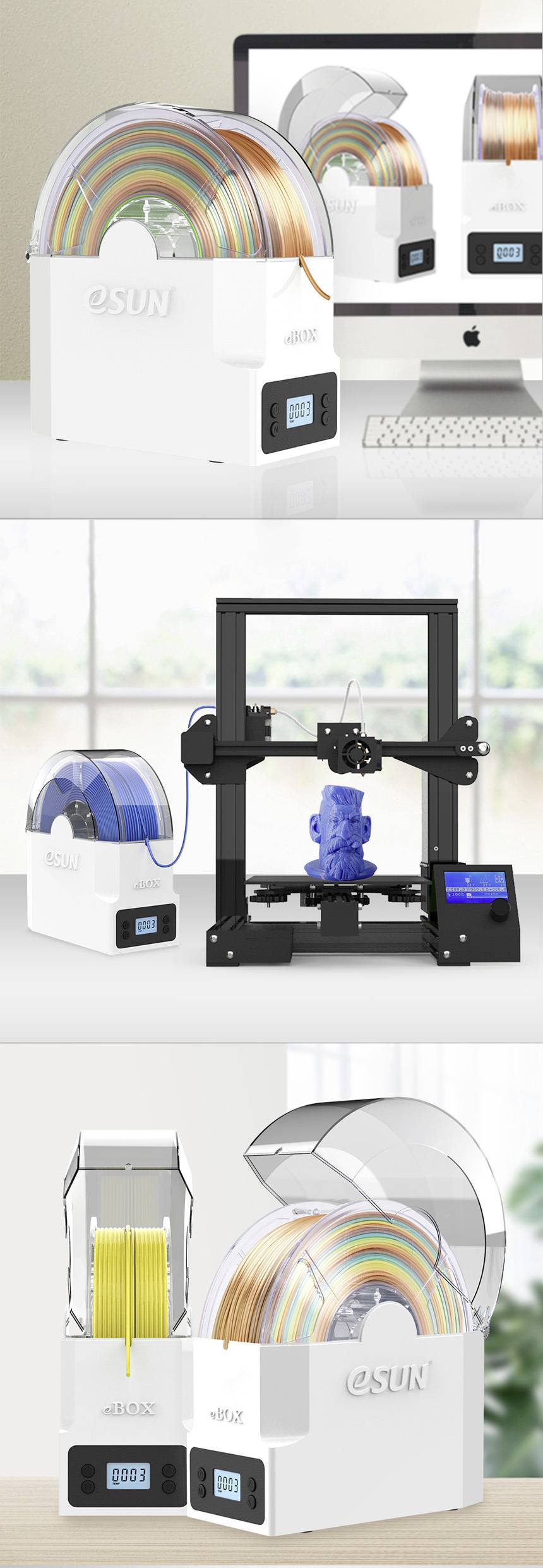 Eine Bilderserie zeigt verschiedene 3D-Drucker und Filamentspulen in transparenten Gehäusen, die neben einem Computer und in einem Raum platziert sind.
