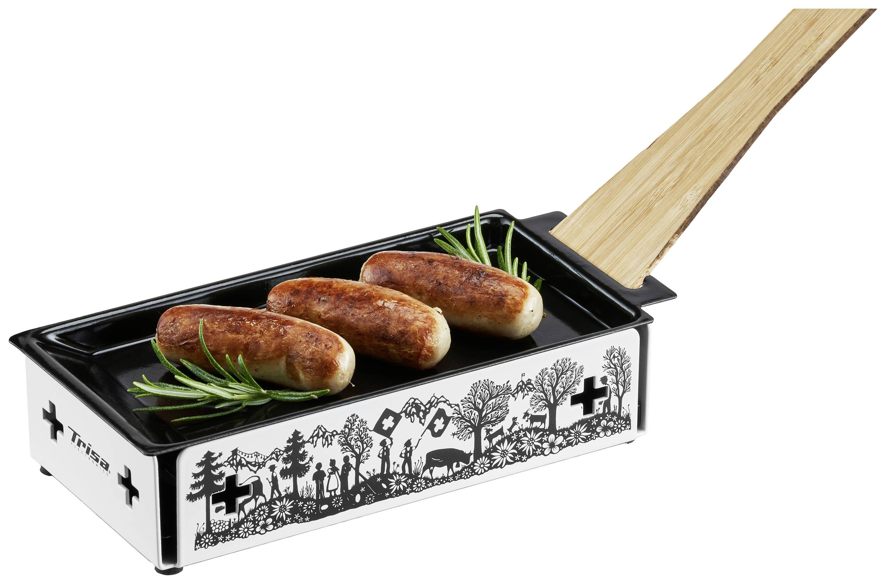 Kleiner Grill mit drei Würstchen und Rosmarinzweigen. Das Gehäuse hat ländliche Motive.