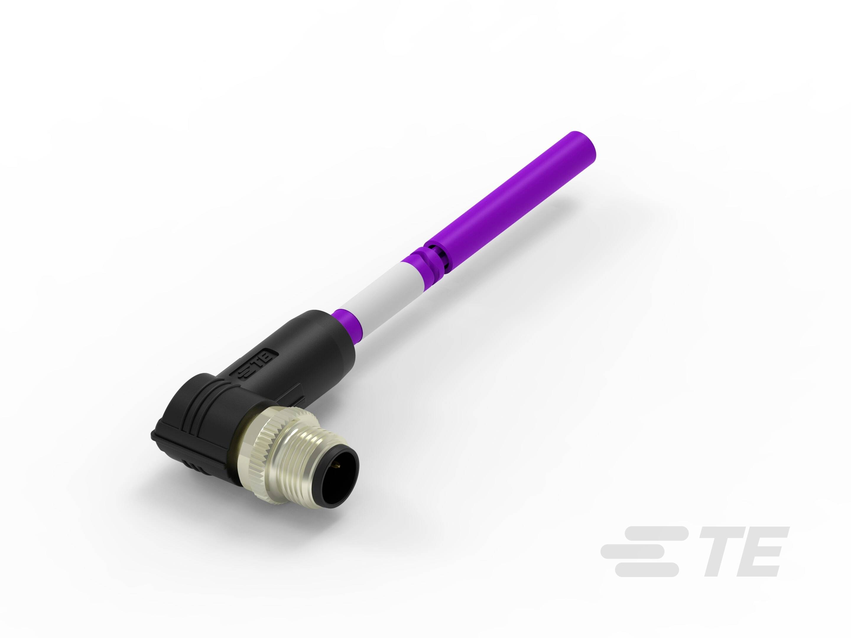 Elektronisches Bauteil mit schwarzem Gehäuse und lila Antenne. Firmenlogo 'TE' im Hintergrund. Verwendet in der Kommunikationstechnik.