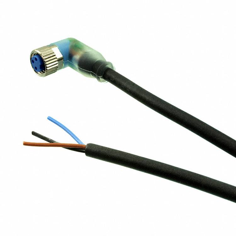 Ein abgewinkelter M12-Stecker mit schwarzem Kabel, das Verdrahtungsdetails zeigt, entwickelt für Anwendungen in der Industrieautomation.