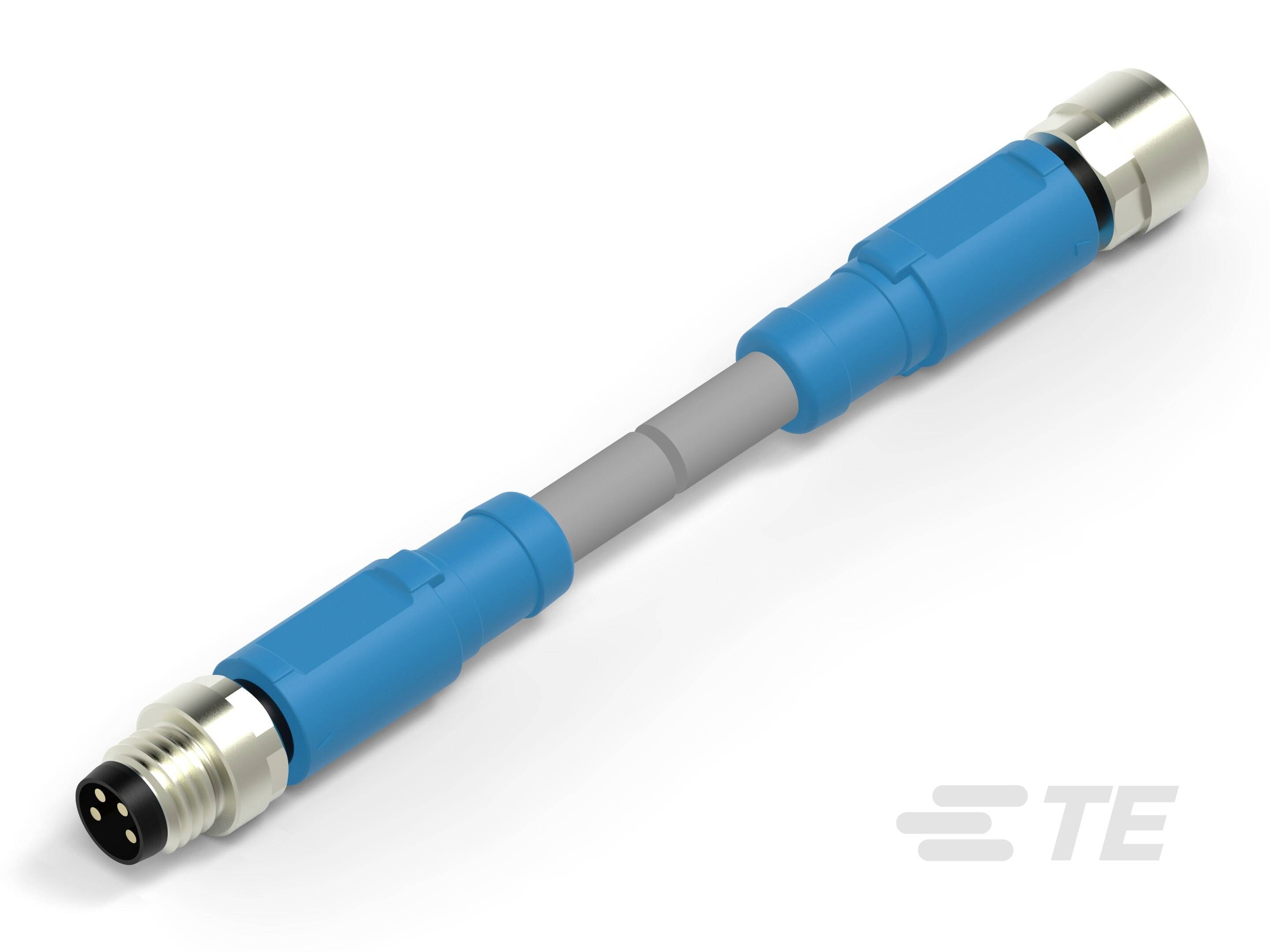 Ein blau-graues Steckverbinderkabel von TE Connectivity mit einem metallischen Gewinde an jedem Ende.