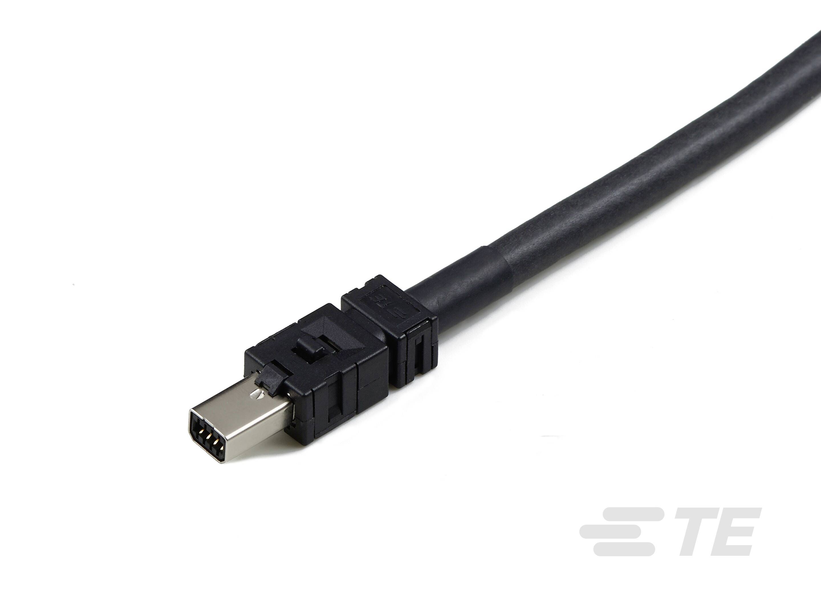 Ein schwarzes Steckverbinderkabel mit rechteckigem Metallstecker; geeignet für Datenübertragung und elektronische Verbindungen.