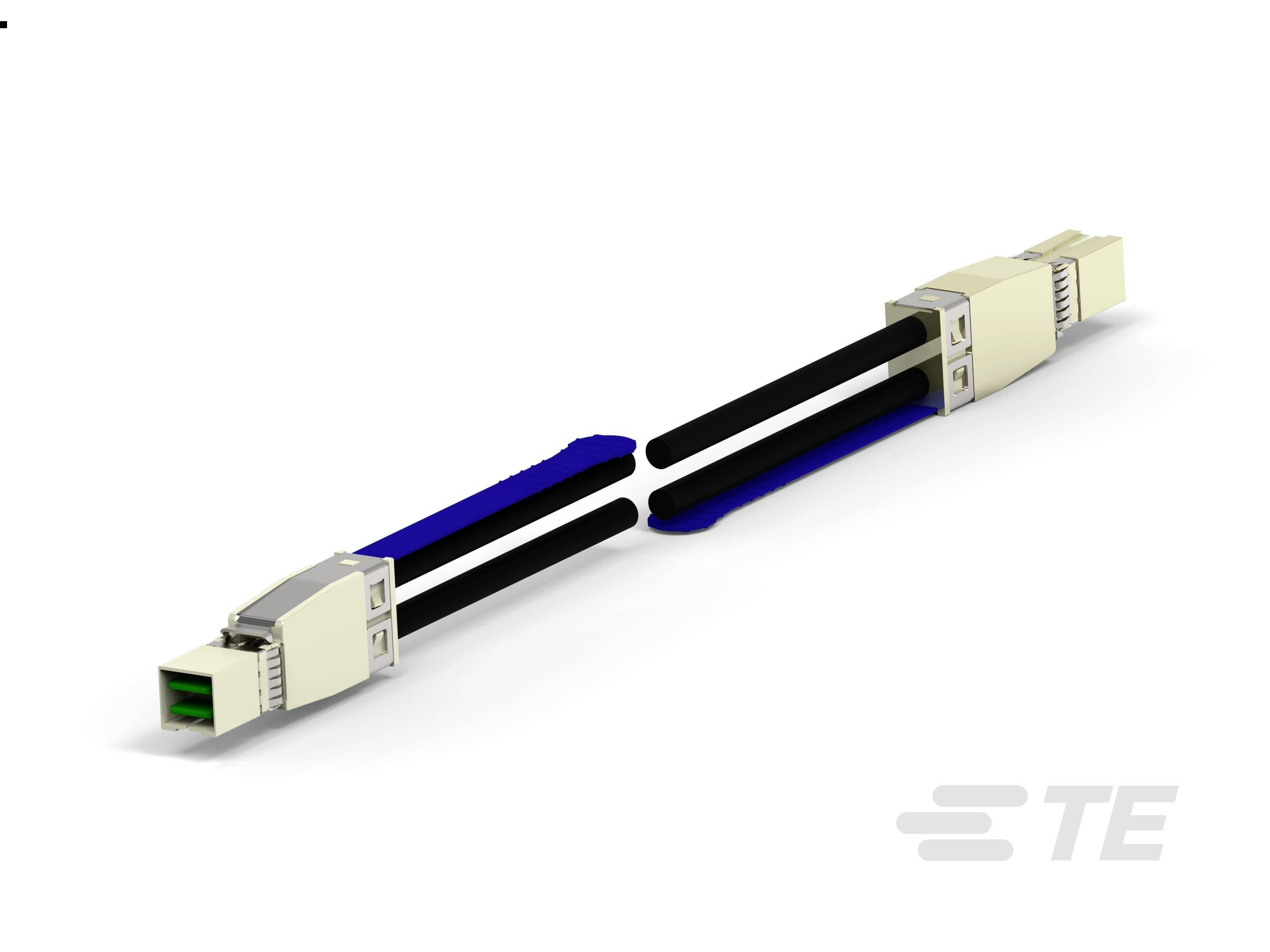 Abbildung eines Kabels mit zwei RJ45-Steckern an den Enden und blauen Akzenten, dargestellt auf weißem Hintergrund.