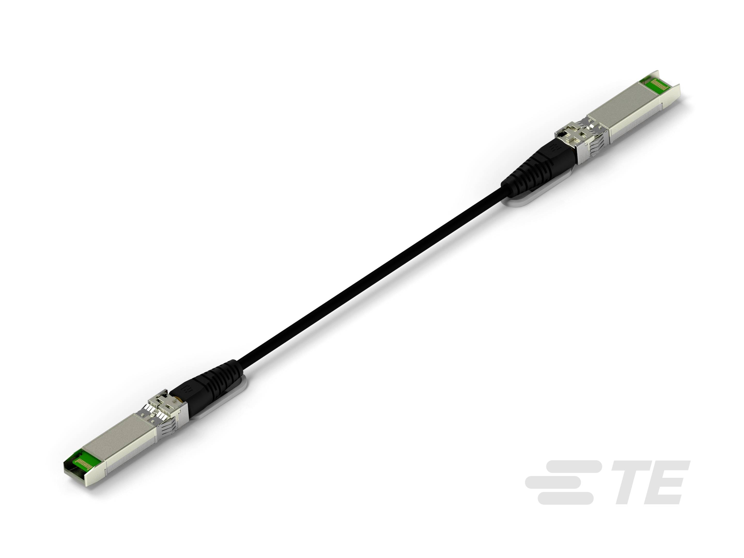 Ein schwarzes, dünnes Kabel mit Metallsteckern an beiden Enden, die grüne Akzente haben.
