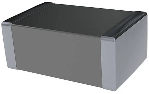 Eine rechteckige schwarze Kiste mit metallisch grauen Ecken, häufig als elektronales Gehäuse zum Unterbringen von Komponenten oder Schaltkreisen verwendet.