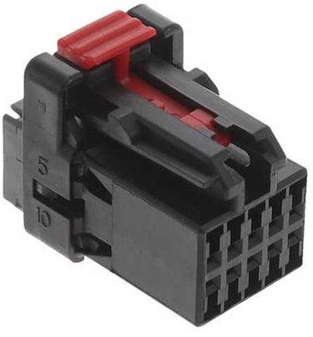 Ein schwarz-roter rechteckiger Elektrostecker mit mehreren kleinen Schlitzen, entwickelt für sichere Drahtverbindungen in elektronischen Geräten.