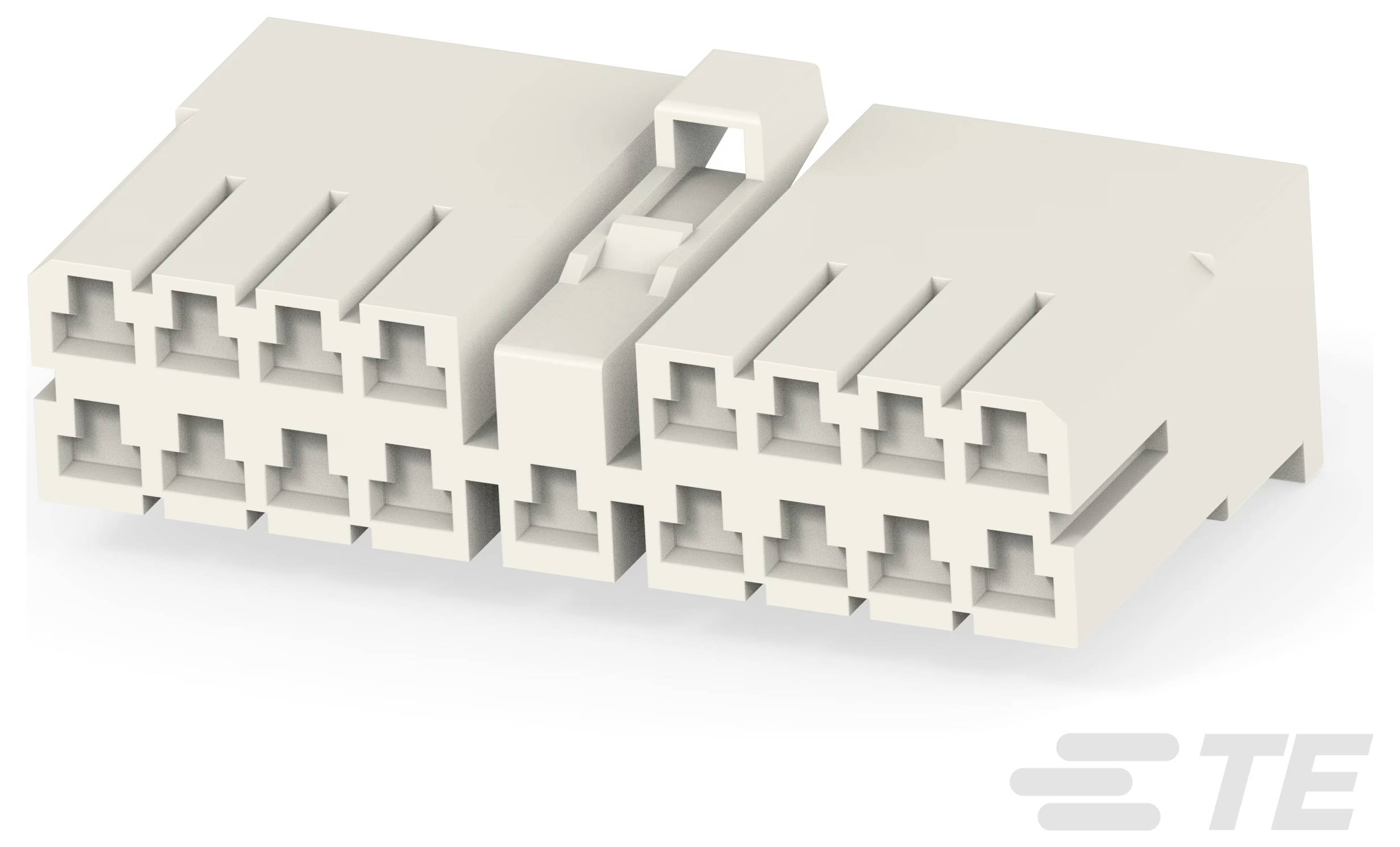 Ein beiger Elektrostecker mit drei Reihen von Schlitzen, die mehrere Drahtverbindungen ermöglichen, dargestellt aus einer angewinkelten Draufsicht.