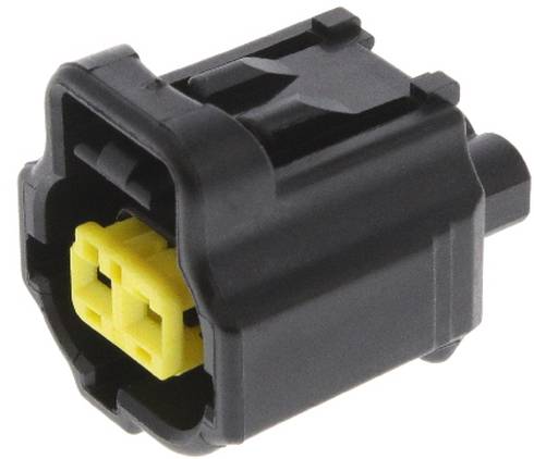 Ein schwarzer kunststoffiger elektrischer Stecker mit einer gelben Innenkomponente, konzipiert für einfache Befestigung in elektronischen Systemen.