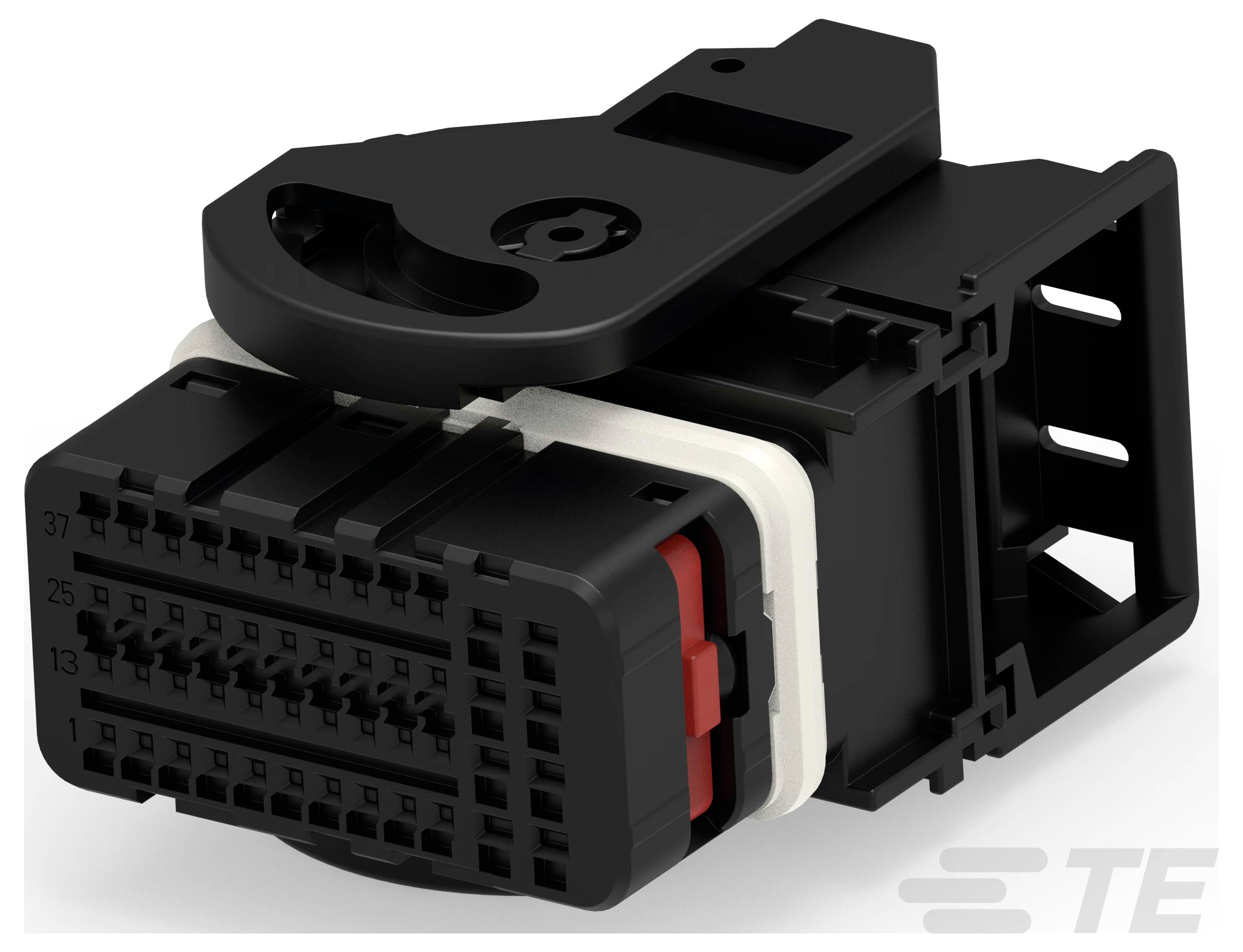 3D-Darstellung eines schwarzen elektrischen Steckers mit nummerierten Kontakten und einer weißen Verriegelung, verwendet in Automobil- oder Industrieanwendungen.