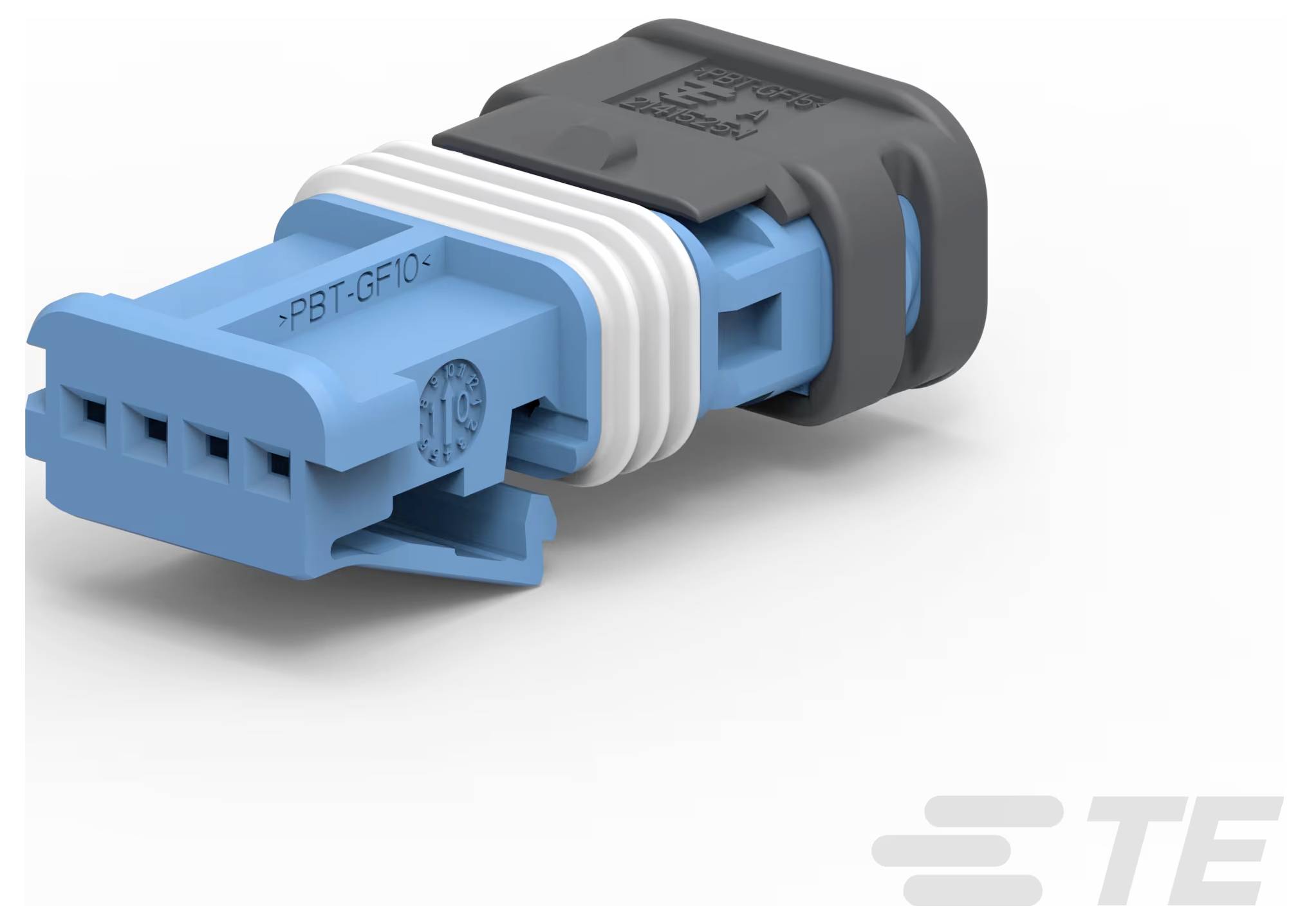 Ein blauer und grauer Elektrostecker mit einem sicheren Verriegelungsmechanismus, gekennzeichnet mit „PBT-GF10