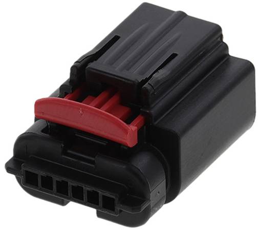 Ein schwarzer elektrischer Stecker mit einer roten Lasche, mit mehreren Schlitzen für Stifte, verwendet für sichere elektrische Verbindungen in Automobilen.