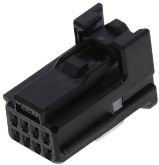 Ein schwarzer Kunststoff-Elektrostecker mit mehreren Schlitzen und einem Verschlussmechanismus, der zum Verbinden von Drähten in elektronischen Geräten verwendet wird.