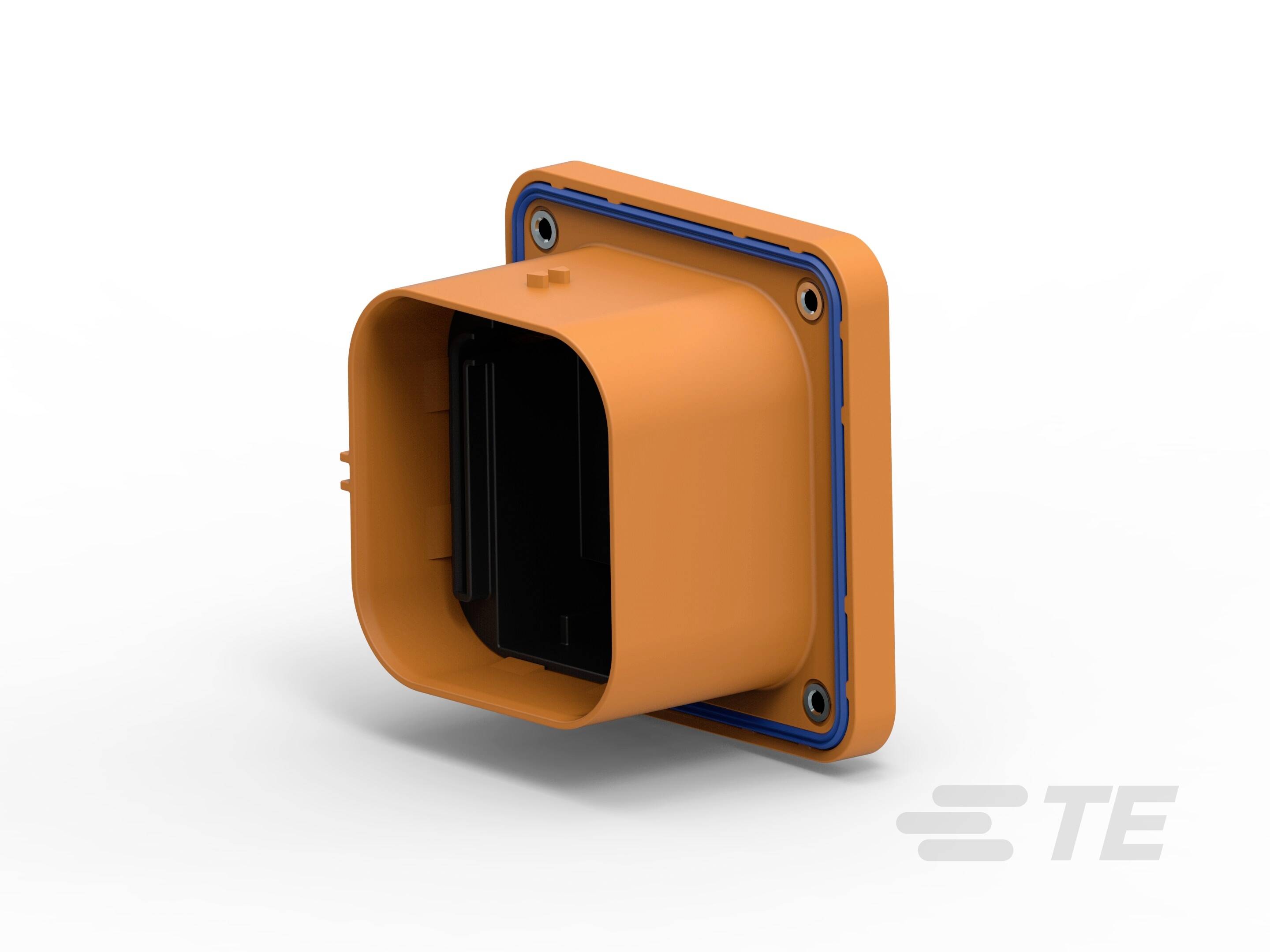 Orange Kunststoffsteckverbindung mit quadratischer Basis und Dichtung, geeignet für industrielle Anwendungen.