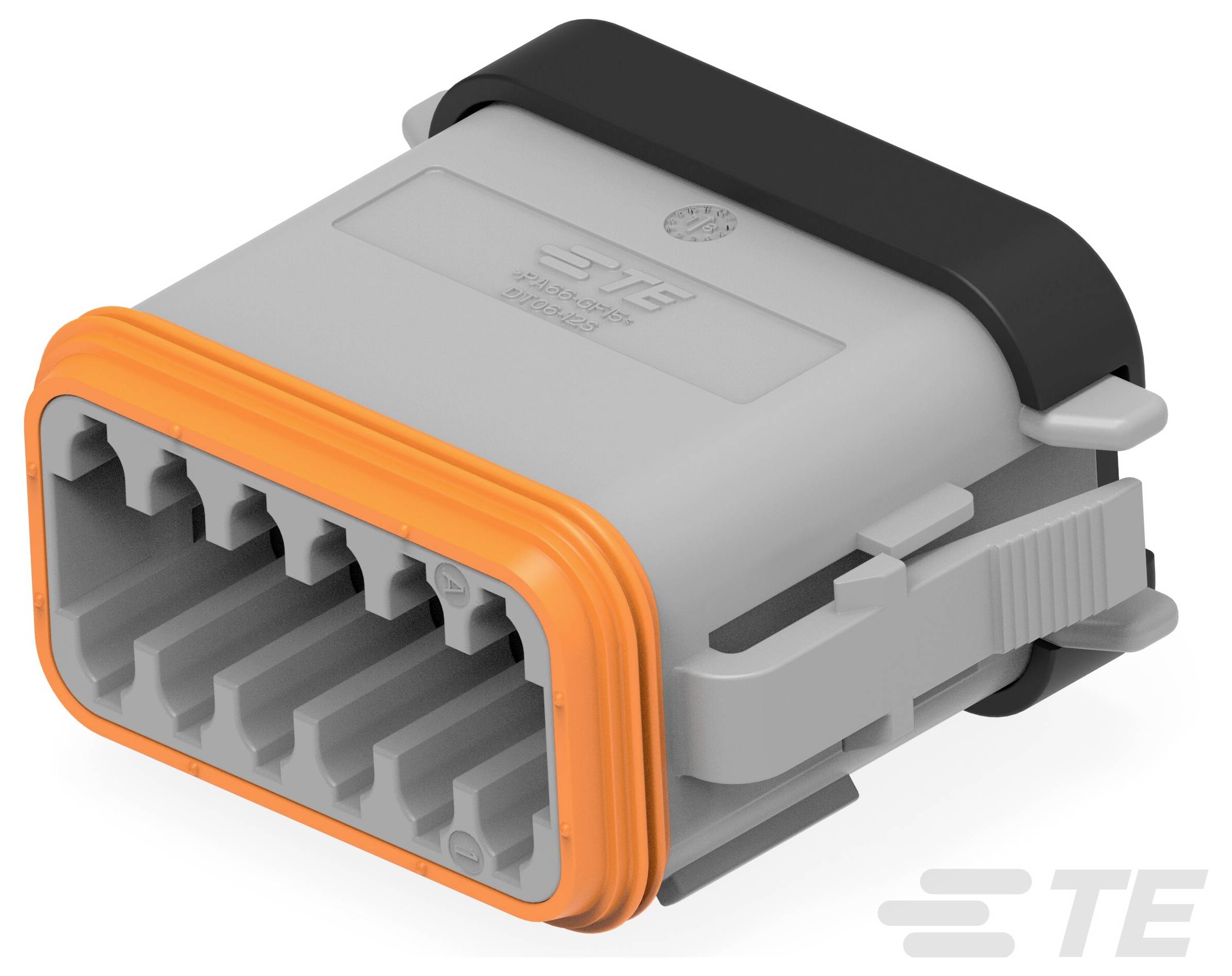 Ein grauer TE-Automobilstecker mit orangefarbener Dichtung und schwarzem Clip, entwickelt für sichere elektrische Verbindungen in Fahrzeugen.