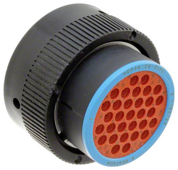 Ein runder schwarz-blauer Stecker mit roten internen Steckkontakten, der für die elektrische Verdrahtung konzipiert ist und mehrere Anschlußpunkte aufweist.