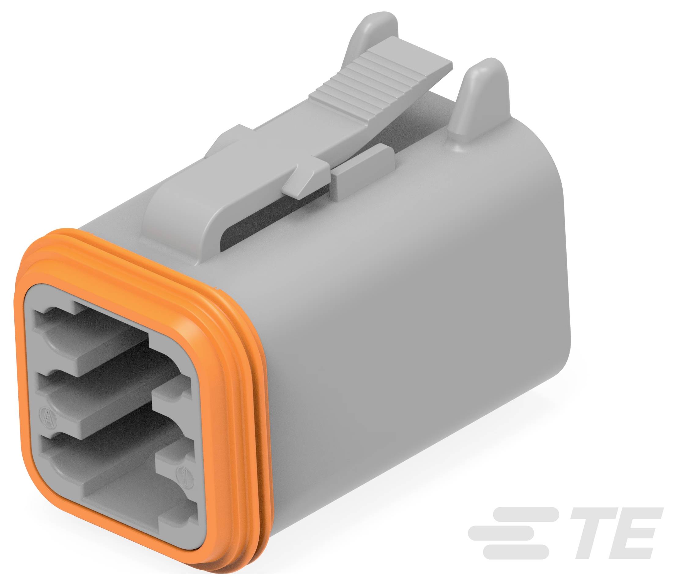 Ein Bild zeigt einen grauen Kfz-Elektrostecker mit einer orangefarbenen Dichtung, der mehrere Schlitze für die Kabeleinführung aufweist; das TE-Logo ist sichtbar.