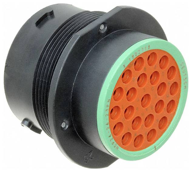 Ein zylindrischer Mehrfach-Steckverbinder mit schwarzem Außengehäuse, orangefarbener Frontseite und grünem Ring, mit 19 kreisförmigen Stiften für elektrische Verbindungen.