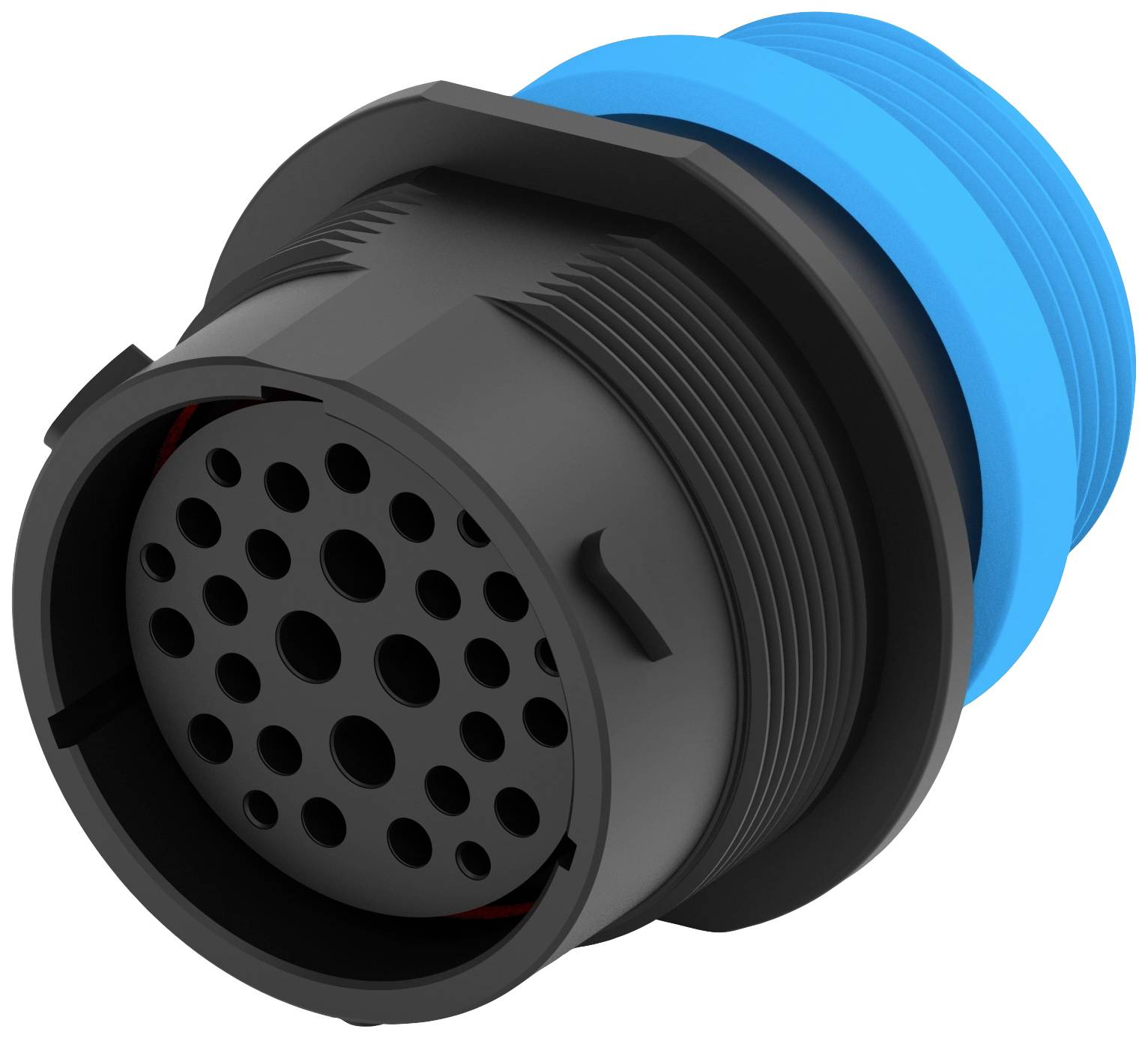 Schwarzer, zylindrischer Steckverbinder mit mehreren Löchern und blauem Gewinde. Geeignet für elektrische Verbindungen.