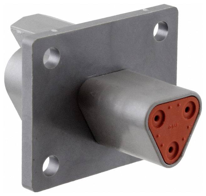 Ein rechteckiger metallischer Elektrostecker mit zwei kreisförmigen Befestigungslöchern und einer roten, dreieckigen Buchse an der Vorderseite.