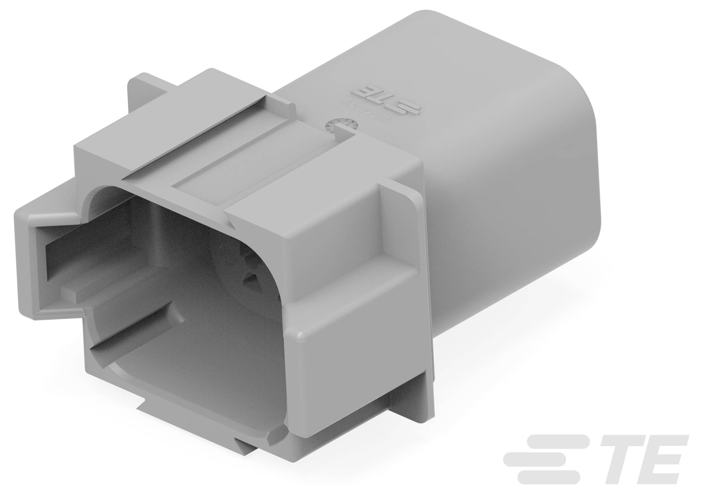 Ein graues rechteckiges Gehäuse für elektrische Steckverbinder mit TE-Logo, das Montagelaschen auf zwei Seiten und ein offenes Anschlussende aufweist.