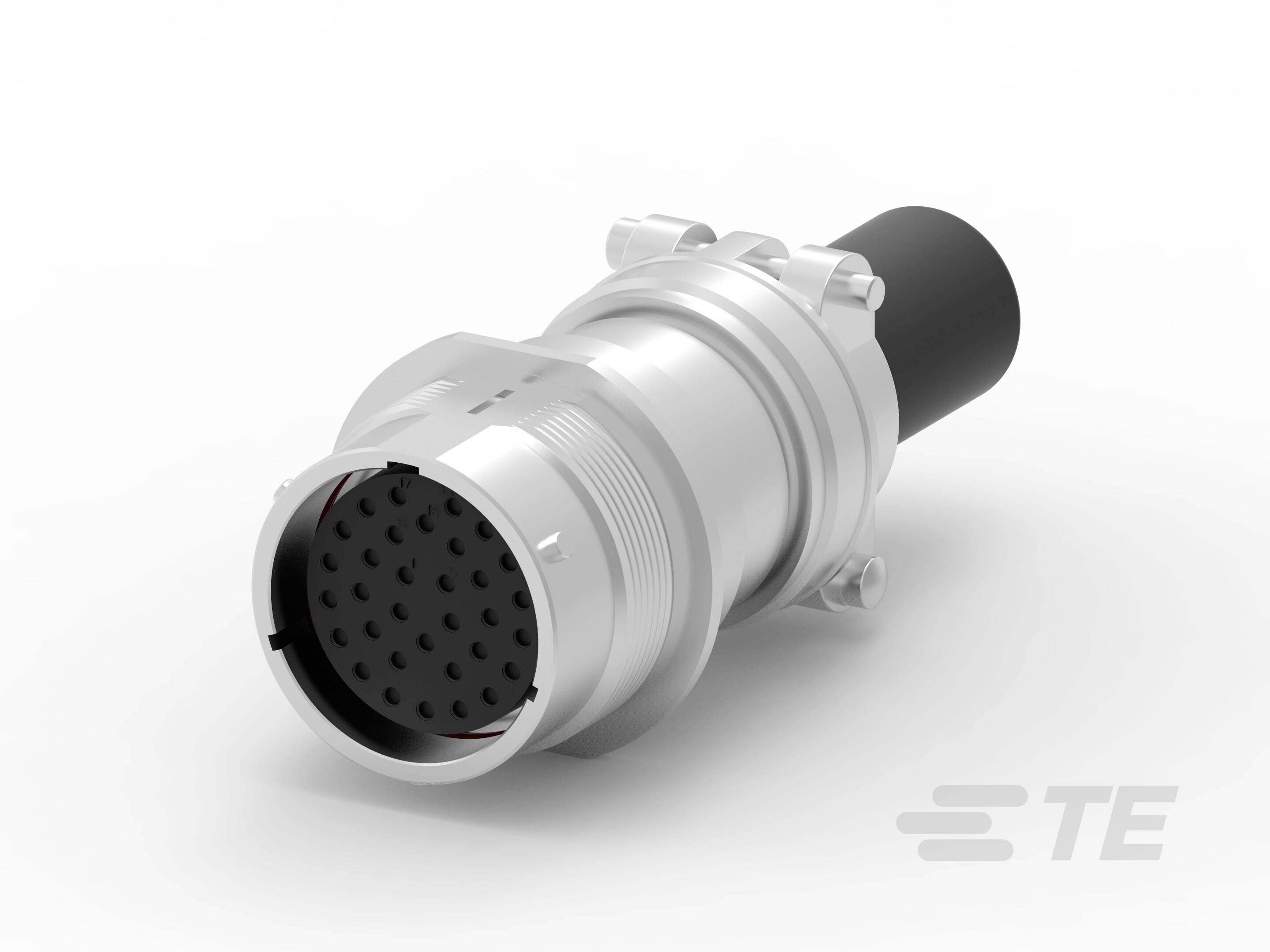 Metallischer Stecker mit mehreren Kontaktpunkten, geeignet für industrielle oder elektronische Anwendungen. Markenlogo 'TE' sichtbar.